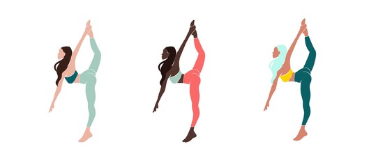 Set Young girl yoga posing. Flat style illustration. African American girl