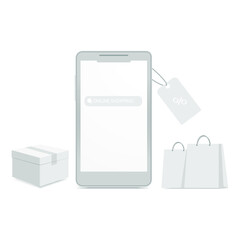 Online shopping  concept.  Smartphone with store bags and packaging box 