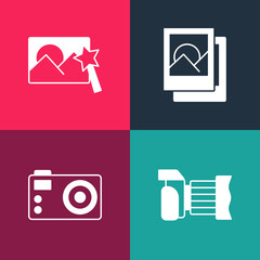 Set pop art Photo camera, , frame and retouching icon. Vector