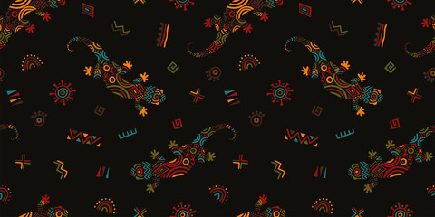 Creative hand drawn african pattern with geckos and ornaments, abstract background, great for textiles, wrapping, wallpaper - vector design - obrazy, fototapety, plakaty