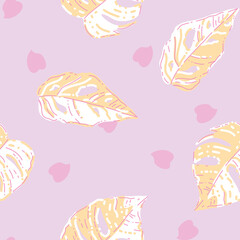 Vector Pastel Monstera Leaves with Heart Leaf Shapes in Pastel Colors seamless pattern background. Perfect for fabric, scrapbooking and wallpaper projects.