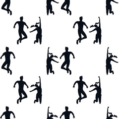 Seamless pattern with black silhouettes of young happy couple in jumping poses. Stock vector illustration.