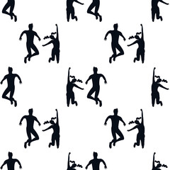 Seamless pattern with black silhouettes of young happy couple in jumping poses. Stock vector illustration.