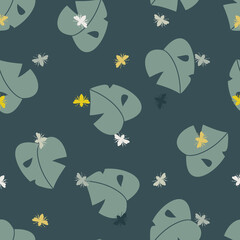 Vector Simplified Monstera Leaves with Busy Bees seamless pattern background. Perfect for fabric, scrapbooking and wallpaper projects.