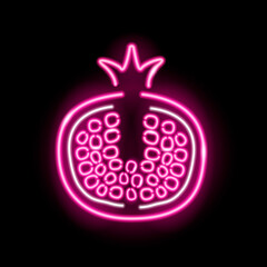 Neon garnet fruit with seeds icon isolated on black background. Summer, tropical, fresh juice concept for logo, banner. Vector 10 EPS illustration.