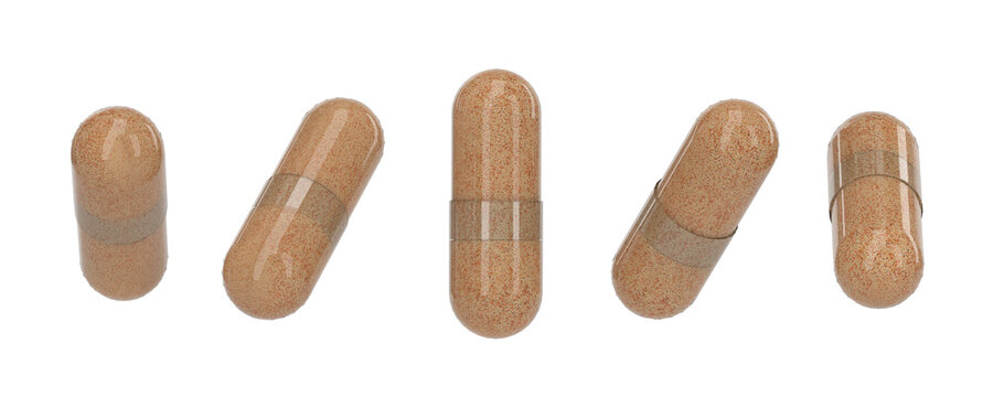 Transparent powder pills set. Transparent pills with natural ingredients powder. Powder herbal capsules on white background. Herbal pills view from different perspectives.