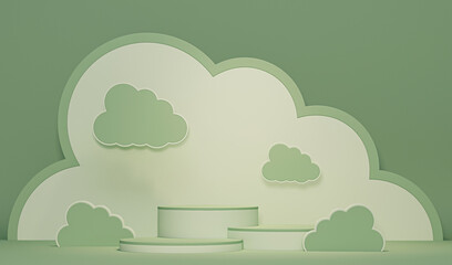Background vector 3d green rendering with podium and minimal cloud scene, product display background 3d rendered geometric shape sky cloud blue pastel. Stage 3d render in cloud product platform