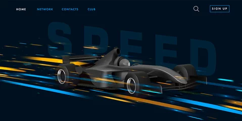 Schilderijen op glas Web banner with super car sport bolide, black auto in movement with bright speed lights on dark background © marynaionova