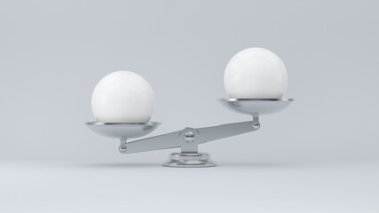 Shiny metal scales show the different weights of two white spheres on a white background. 3D rendering.