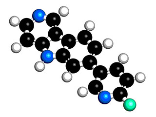 Flortaucipir (18F) diagnostic molecule. Radioactive diagnostic agent used for the imaging of tau pathology in Alzheimer's disease. 3D rendering. Atoms are represented as spheres.