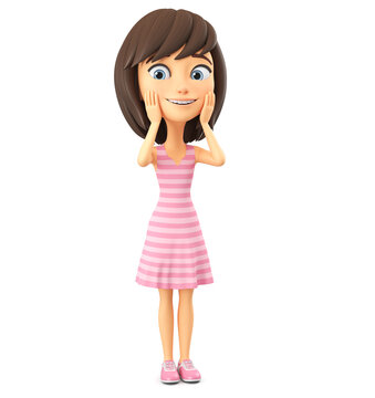 Cheerful cartoon character girl in a pink striped dress is happy for a surprise. 3d render.