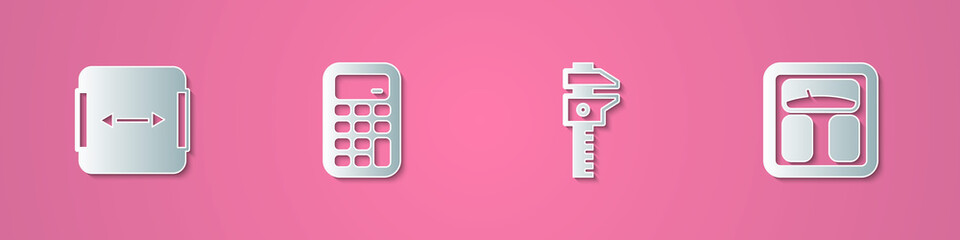 Set paper cut Area measurement, Calculator, Calliper caliper and scale and Bathroom scales icon. Paper art style. Vector