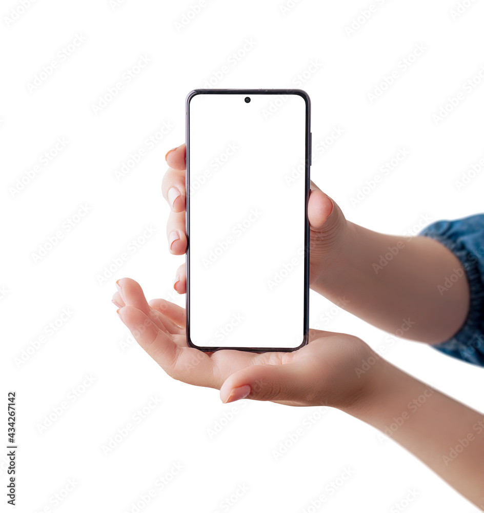 Poster smart phone mockup in woman hands isolated. hands showing the front of the phone. app presentation c