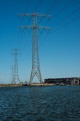 power lines and towers on the river