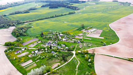 Aerial view of rural agro agricultural field