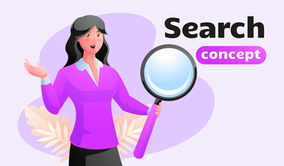a woman holding a magnifying glass, search concept
