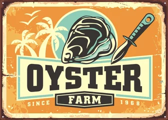 Foto op Canvas Oyster farm retro sign with seafood graphics, paring knife and creative label design on old vintage background. Food vector. Oyster bar logo design idea. © lukeruk