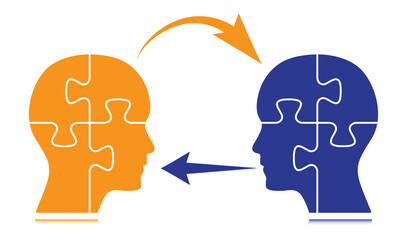 Orange and blue colored puzzle shaped human heads with arrows. Business design  to use in direct marketing, decision, strategy, teamwork, relationship, idea projects and presentations 