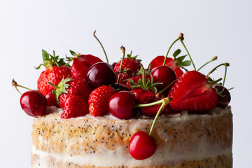 Top of the cake decorated with red berries on a white background