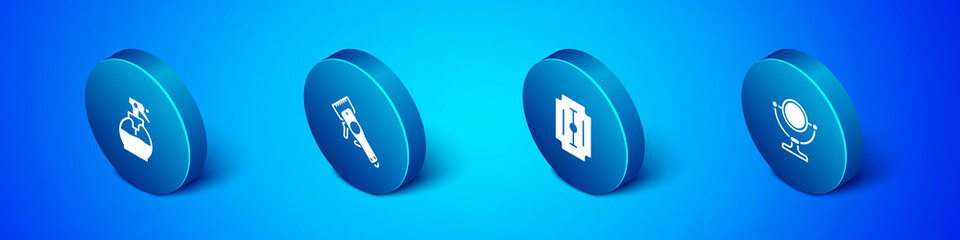 Set Isometric Hairdresser pistol spray bottle, Blade razor, Round makeup mirror and Electrical hair clipper icon. Vector