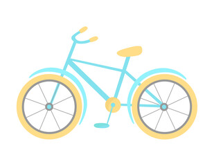 Vector flat cartoon illustration, turquoise bicycle with yellow wheels, isolated on white background