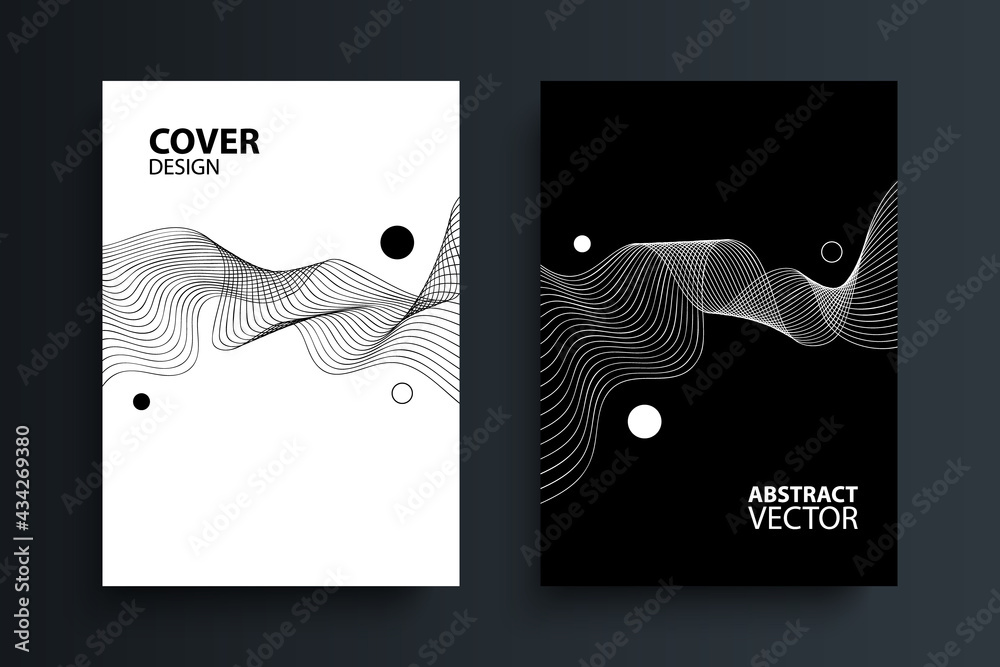 Poster Cover templates with dynamic waves. Futuristic abstract modern line pattern for your creative graphic design. Black and white. Vector illustration.