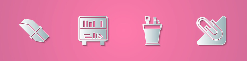 Set paper cut Eraser or rubber, Shelf with books, Pencil case stationery and Paper clip icon. Paper art style. Vector