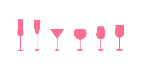 Set of classic glasses for alcohol. Flat icon pink vector simple illustration. Stock vector illustration isolated on a white background. Pink silhouettes of glasses for wine, champagne, martini.