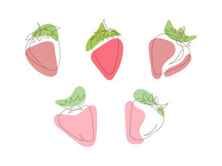 Set of strawberry line art icons, outline style, berry silhouette, symbol or sign. Illustration one line drawing style. Simple sketch of strawberries, black line, colored abstract spots, doodle style.