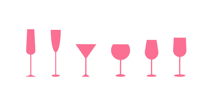 Set of classic glasses for alcohol. Flat icon pink vector simple illustration. Stock vector illustration isolated on a white background. Pink silhouettes of glasses for wine, champagne, martini.