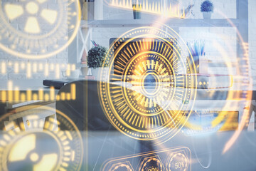 Fototapeta premium Double exposure of tech theme drawings and office interior background. Technology concept.