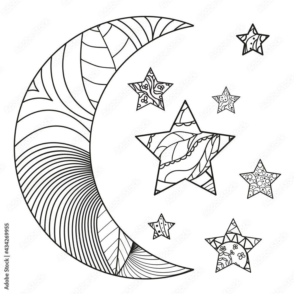 Sticker moon and star with abstract patterns on isolation background. design for spiritual relaxation for ad