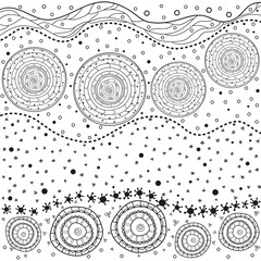 Mandala. Zentangle. Hand drawn circle zendala with abstract patterns on isolation background. Design for spiritual relaxation for adults. Line art creation. Black and white illustration for coloring.