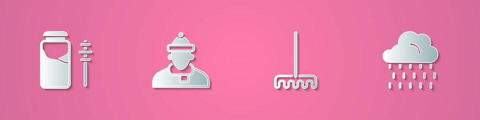 Set paper cut Jar of honey and dipper stick, Autumn clothes, Garden rake and Cloud with rain icon. Paper art style. Vector