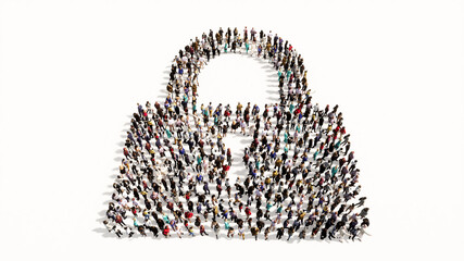 Concept conceptual large community of people forming the padlock icon. 3d illustration metaphor for communication, encryption, security, privacy and technology