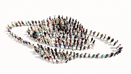 Concept conceptual large community of people forming the internet icon. 3d illustration metaphor for communication, technology, network, connection, travel and business