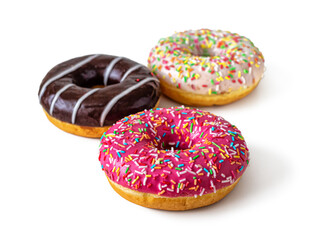 Traditional american doughnuts with strawberry, vanilla and chocolate icing