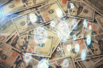 Double exposure of data theme drawing over us dollars bill background. Technology concept.