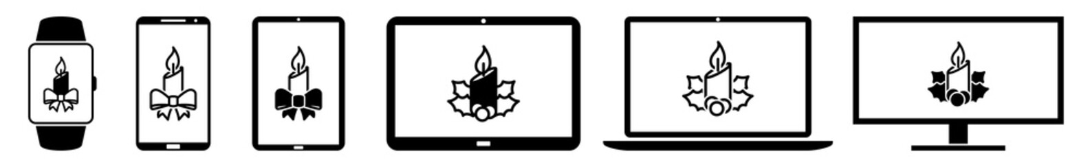 Display Candle, Christmas, Holly, Bow, Ribbon, Light, Flame Icon Devices Set | Web Screen Device Online | Laptop Vector Illustration | Mobile Phone | PC Computer Smartphone Tablet Sign Isolated