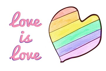 Drawing heart in rainbow colours with texts 'Love is Love', concept for celebrations of lgbtqai communities in pride month, June, around the world.
