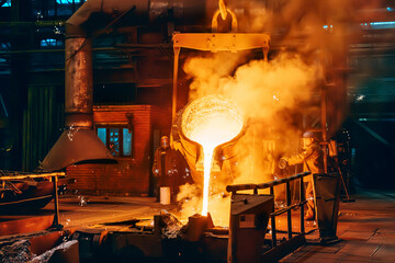 Pouring molten metal into mold from ladle container in foundry metallurgical factory workshop, iron...