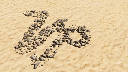 Concept conceptual stones on beach sand handmade symbol shape, golden sandy background, capricorn zodiac sign. 3d illustration symbol for  esoteric, the mystic, the power of prediction of astrology
