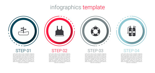 Set Road traffic sign, Sleeveless T-shirt, Lifebuoy and Aqualung. Business infographic template. Vector