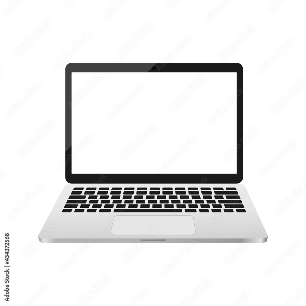 Poster laptop with empty white screen. portable 3d realistic computer device. modern digital technology bla