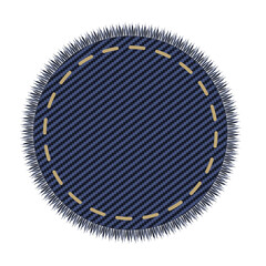 Circle denim patch with stich. Embroidery on jeans canvas. Tor shape lable or tag