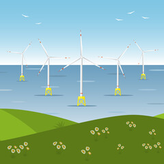 Wind farm offshore. Sea wind turbines.