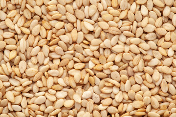 micro Close-up of Organic White Sesame seeds(Sesamum indicum) or white Til with shell Full-Frame Background. Top View