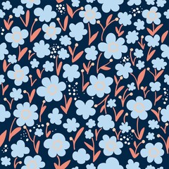 Seamless natural floral pattern, abstract blue flowers on a dark blue background. Hand drawing. Design for textiles, wallpapers, printed products. Vector illustration