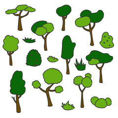 Set of hand drawn summer trees, bushes and grass, isolated vector illustration on white background