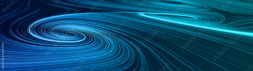 Poster Abstract modern ultra wide background with smooth swirl lines creating vortex structures in a complex data stream. 3D rendering.